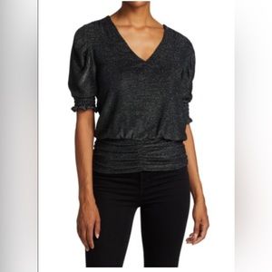 RAMY BROOK New York Flora Puff-Sleeve Silver Black Metallic Top Short Sleeve NWT